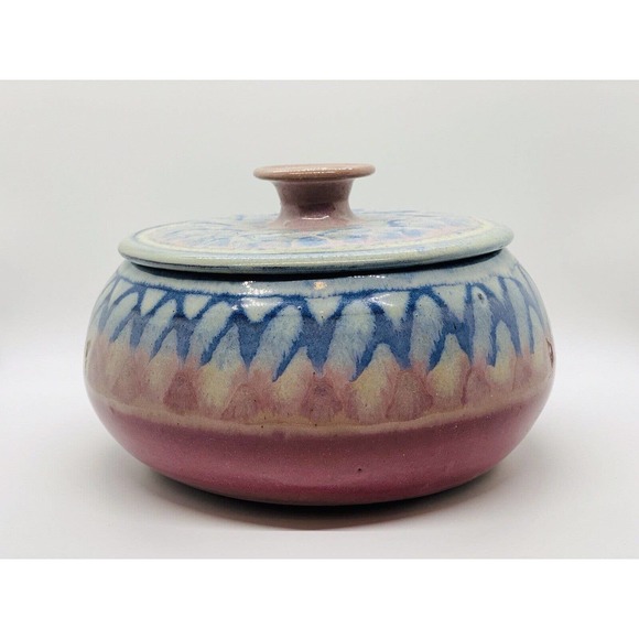 Studio Art Pottery Red Clay Serving Dish w/Lid Pink/blue Ombre Artist signed Lee - Picture 4 of 11